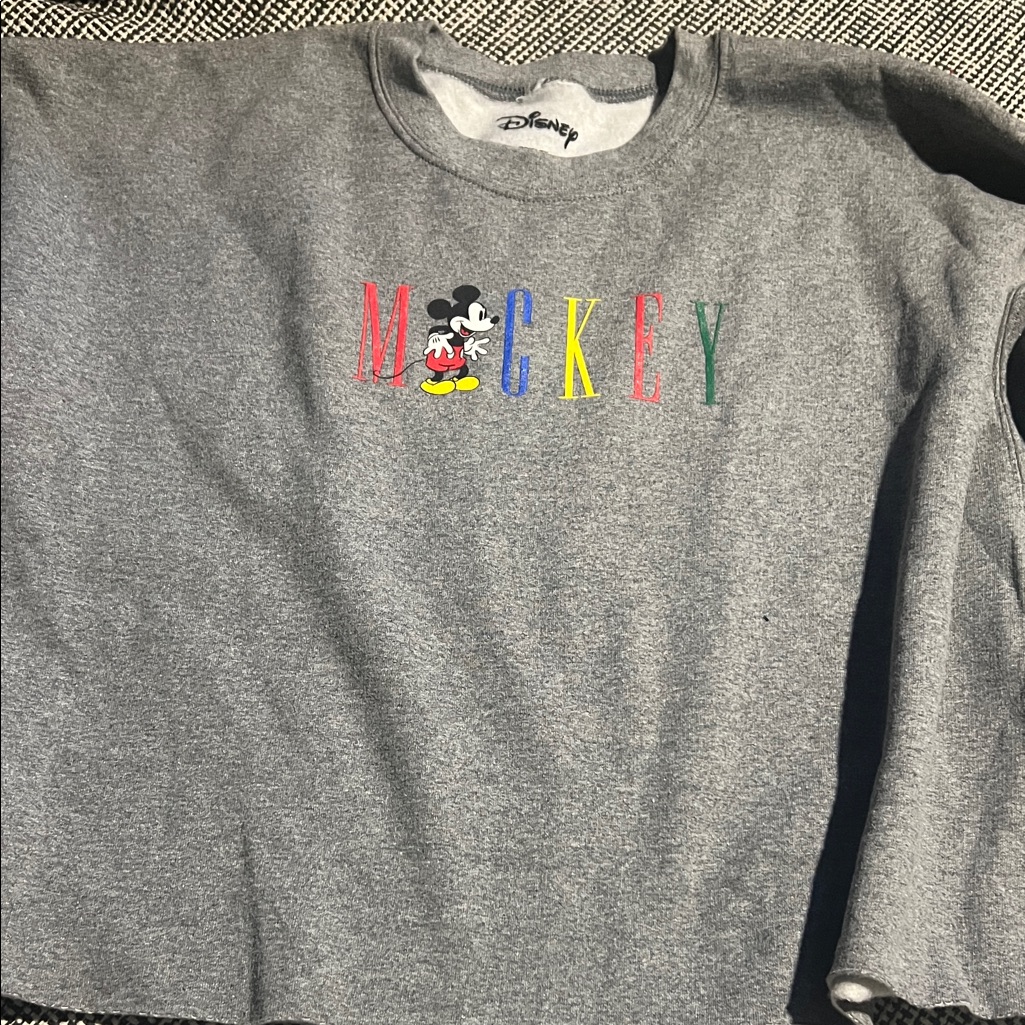 Nwt Disney Gray Sweatshirt With Colorful Mickey Lettering. Factory Cutoff.